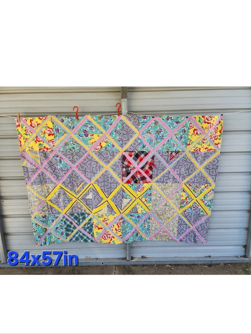 Vintage Amish Made Quilt Topper Handmade Used 84x57in Vivid Color